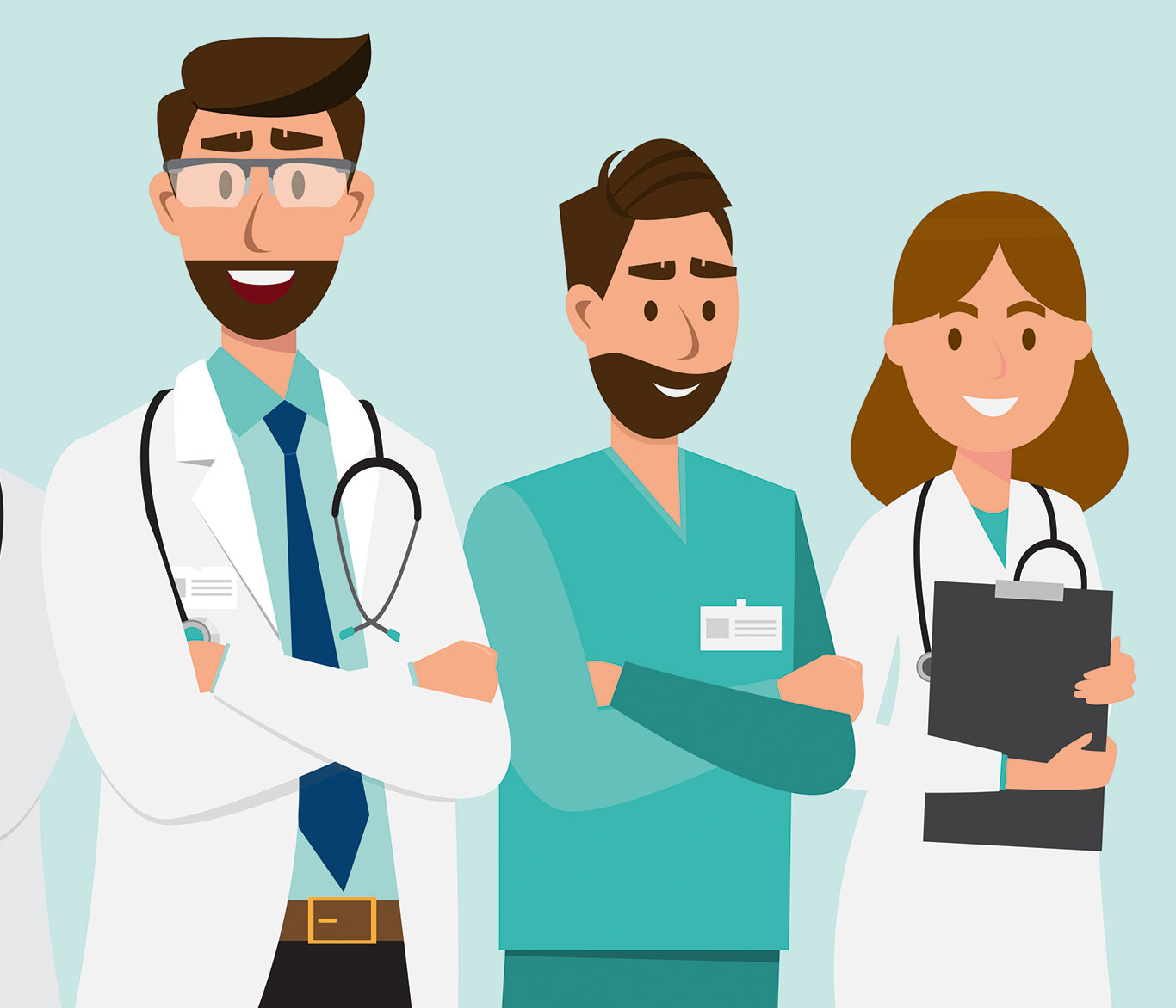 Eine Illustration zeigt einen Arzt, einen Pfleger und eine Ärztin.